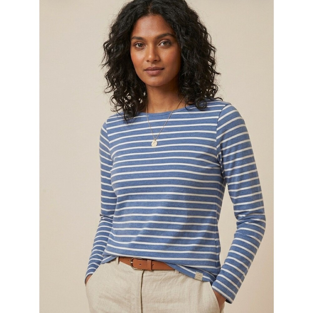 Fat Face Women's Long Sleeve Organic Cotton Crewneck Shirt Size 2 Striped Blue